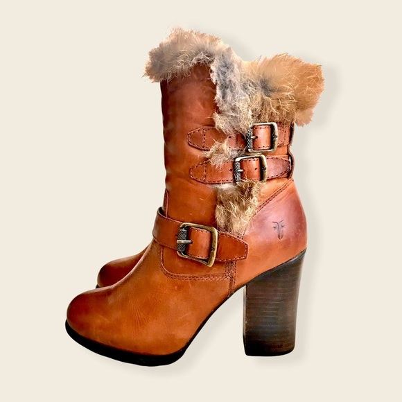 RARE Frye Penny Lux Rabbit Fur-Lined Cognac Leather Buckle Heeled Ankle Booties - Picture 8 of 15